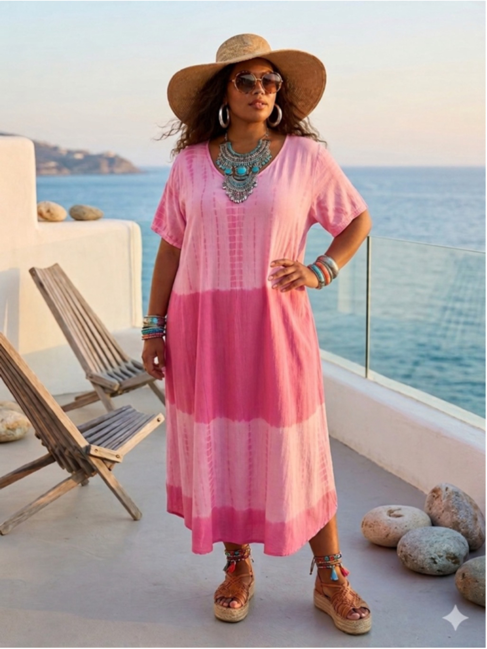 Style In Fashion Maxi Dress 2X Plus Pink Tie Dye Ombre Coastal Resort Rayon
